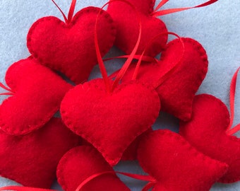 Handmade Felt Hearts set of 10, Christmas Tree Ornaments, Valentine’s Hearts