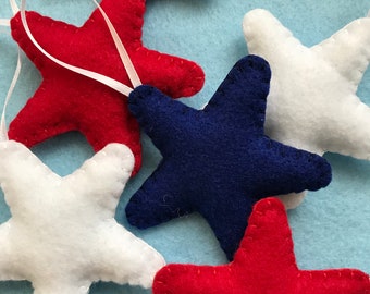 Patriotic Felt Stars, Red, White and Blue Stars, Christmas Tree Ornaments set of 9