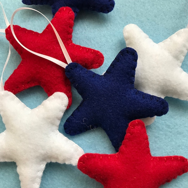 Estrellas de fieltro patrióticas, estrellas rojas, blancas y azules, juego de 9 adornos para árbol de Navidad