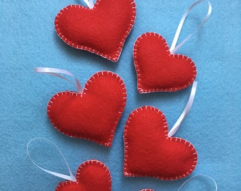 Handmade Red Felt Hearts set of 6, Valentines Hearts, Christmas Tree Ornaments, Wedding Favors