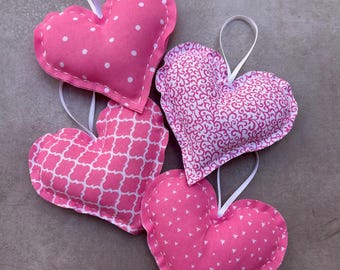 Handmade Fabric Hearts Ornaments, Tree Toppers, Valentine’s Hearts set of 4
