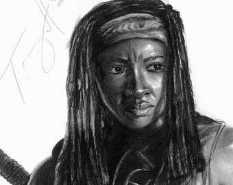Walking Dead Michonne Print of Drawing as shown by Charcoal Artist Tony Orcutt
