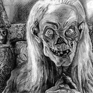 May include: A black and white pencil drawing of a creepy, skeletal-looking woman with long white hair. She is wearing a dark robe and has a sinister smile on her face.