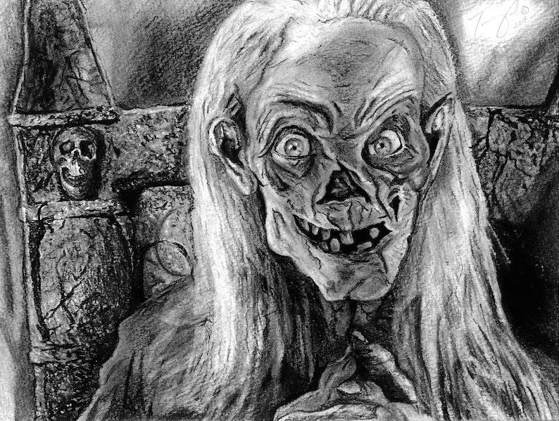 Pode incluir: Um desenho a l&aacute;pis preto e branco de uma mulher assustadora, com apar&ecirc;ncia esquel&eacute;tica, com cabelo branco comprido. Ela est&aacute; vestindo uma t&uacute;nica escura e tem um sorriso sinistro.