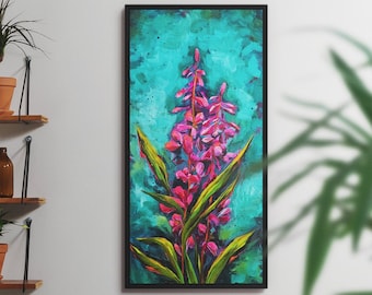 May include: A painting of pink flowers with green leaves on a teal background. The painting is framed in black.