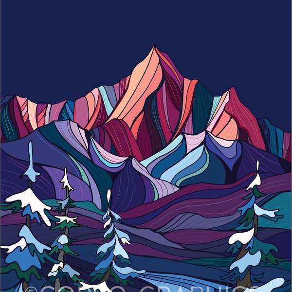 Winter Night Wall Art Mountains winter dusk scene with colorful hills, river and trees in blue, purple magenta.