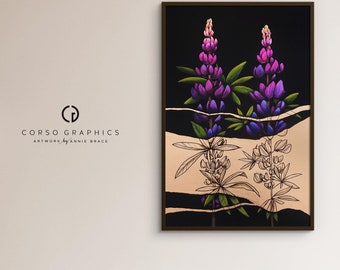 Canvas art print lupine Reveal colorful wall artwork Alaskan Artist Annie Brace Corso Graphics giclee framed gift gold black wildflowers