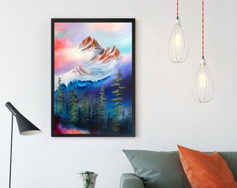 May include: A framed painting of a snowy mountain range with a forest in the foreground. The sky is a vibrant pink and blue with clouds. The mountains are a mix of brown and white.