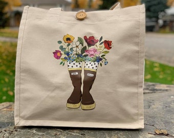 Tote Xtratuf with boots bouquet eco friendly canvas bag that says 'Wild Flower' farmers market reusable recycle reduce grocery FDA Approved