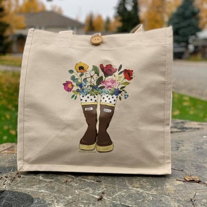 Tote Xtratuf with boots bouquet eco friendly canvas bag that says 'Wild Flower' farmers market reusable recycle reduce grocery FDA Approved