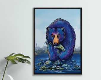 May include: A blue bear with a rainbow sheen stands in a river, holding a salmon in its mouth. The bear is surrounded by rocks and the water is a deep blue. The background is a hazy blue sky with a few trees in the distance.