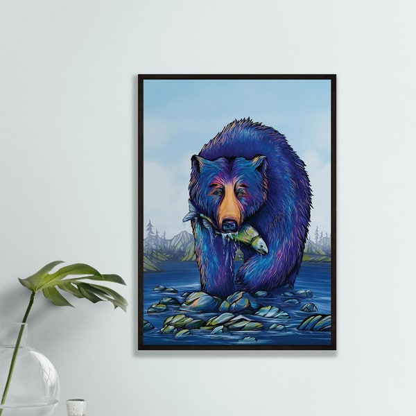 Canvas Art Print River Bear Colorful wall artwork Blue Digital Design vibrant color Alaskan Artist Annie Brace with Corso Graphics