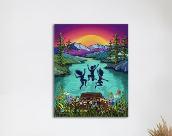 May include: Three silhouetted figures jump off a wooden dock into a turquoise lake. The lake is surrounded by lush green trees and mountains in the background. The sky is a vibrant purple and orange gradient with a bright yellow sun.