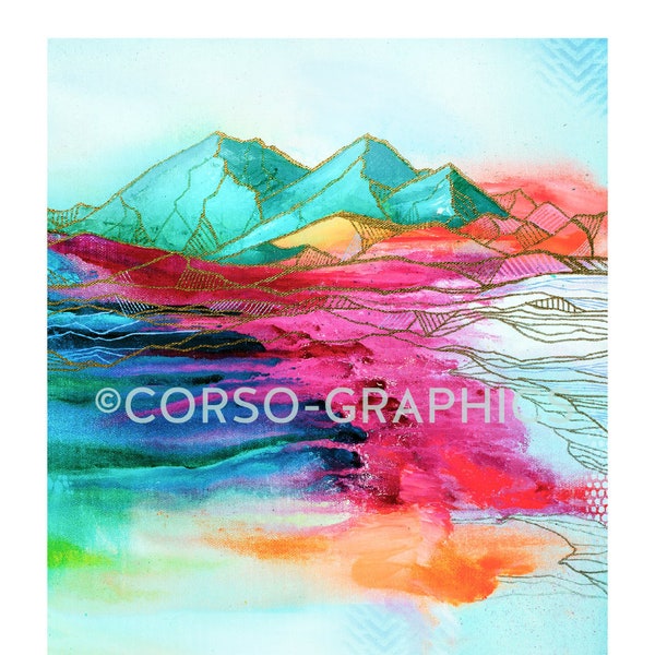 Rainbow Connection wall art Mountain Alaska scenery artwork colorful display mountain hand rendered painting corso graphics annie brace