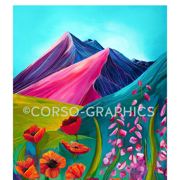 Bright Mountain Art print Wall art mountain scene 11x14 print home decor landscape art, colorful art acrylic painting corso graphics