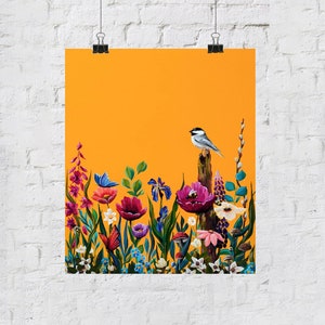 8x10 Art Print on Paper Hope springs Alaska illustration Art alaskan artist alaska Colorful artwork nature scene chickadee fireweed flowers