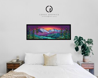 Canvas Art Print Lake Life Pano Mountain Colorful wall artwork Blue Digital Design vibrant color Alaskan Artist Annie Brace Corso Graphics
