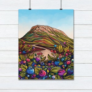 8x10 Art Print on Paper Blueberry Hill Flattop mountain Alaska illustration Art alaskan artist alaska Colorful artwork nature scene