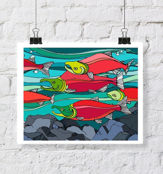 Red Run Salmon Art Print Fish Art Salmon Print Sockeye Salmon Painting  Spawning Salmon Fish Artwork Alaskan Art Alaska Art Colorful 