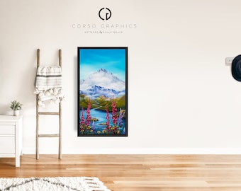 May include: A framed painting of a mountain landscape with a lake in the foreground. The mountain is snow-capped and the lake is surrounded by green hills. There are pink flowers in the foreground.