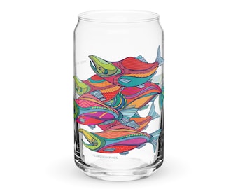 Can-shaped glass 16oz glass cup corso graphics keep swimming Artwork art alaska salmon mountains