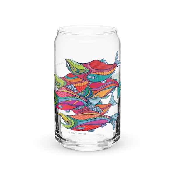 Can-shaped glass 16oz glass cup corso graphics keep swimming Artwork art alaska salmon mountains
