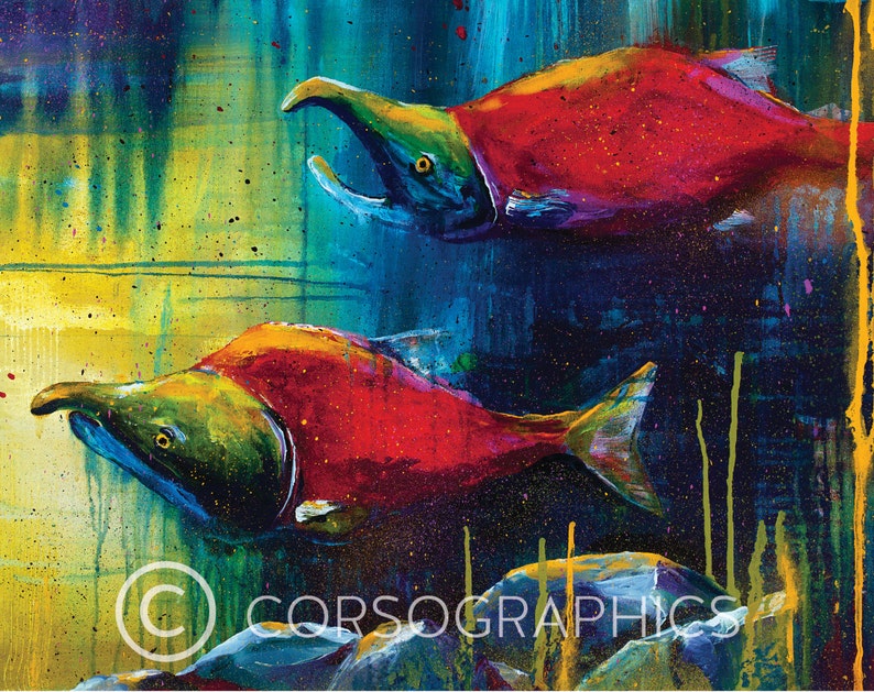 Salmon Artwork Sockeye Salmon Acrylic Painting Art Print Wall Etsy
