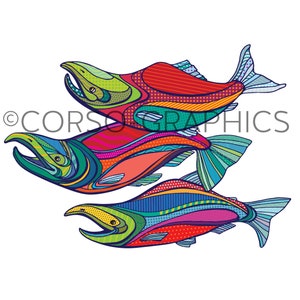 Three Kings Salmon art print Fish wall art fish art Sockeye Salmon Painting Salmon Fish artwork alaskan art alaska art colorful annie brace