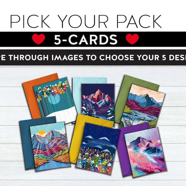 Pick Your Pack - 5- pack greeting cards Alaska Mountain Illustration colorful artwork greeting notecard caribou raven trees fireweed winter