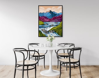 May include: A white table with four black chairs sits in a room with white walls and wood floors. A framed print of a colorful landscape with mountains, a river, and trees hangs on the wall behind the table.