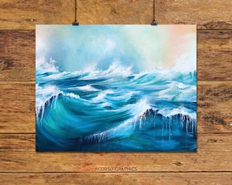 Alaskan Ocean Waves Art Print: Blue Peach Coastal Decor