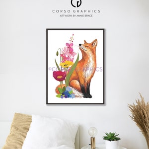 May include: A digital illustration of a red fox sitting in a field of flowers. The fox is looking up and smelling the flowers. The flowers are pink, yellow, red, and blue. The background is white.