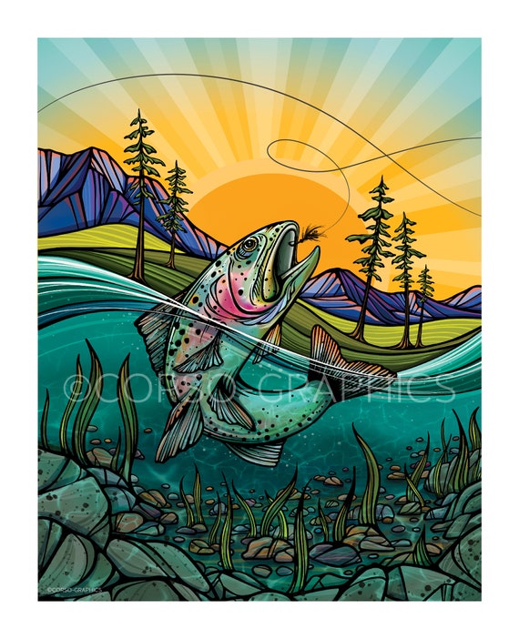 Canvas Art Print Life on the Fly Colorful Wall Artwork Trout Fish