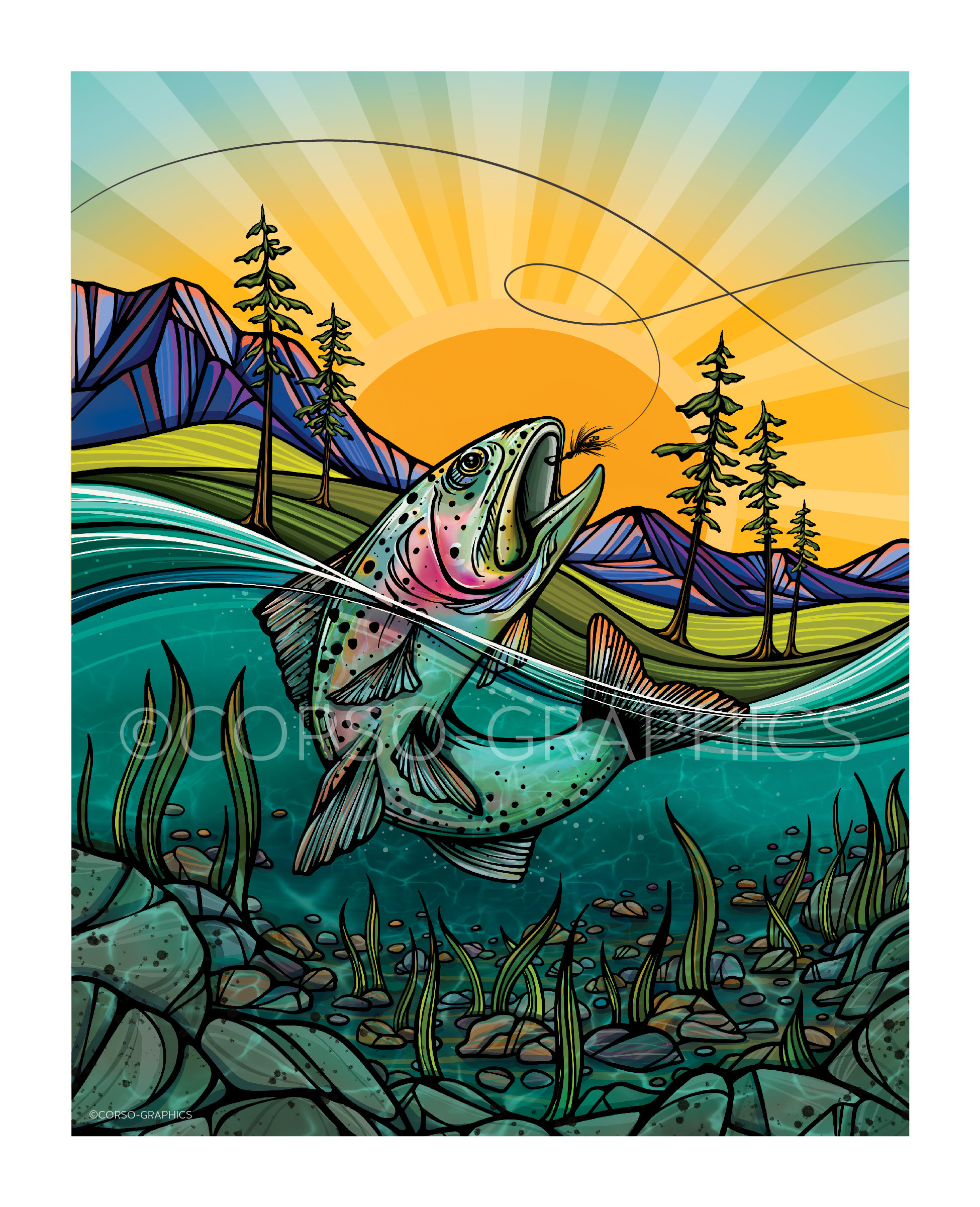 Canvas Art Print Life on the Fly Colorful Wall Artwork Trout Fish