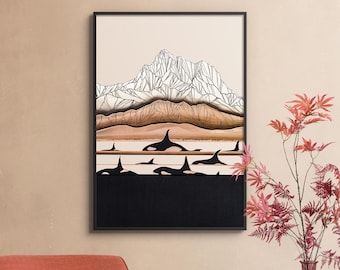 Canvas art print Will You Be There colorful wall artwork Alaskan Artist Annie Brace Corso Graphics giclee framed gift gold black orca whales