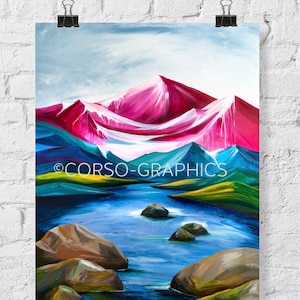 River Rock Art print, Mountain print, Wall art, mountain art, mountain scene 11x14 home decor Alaska, colorful art acrylic painting image 2