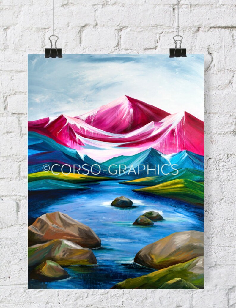 River Rock Art print, Mountain print, Wall art, mountain art, mountain scene 11x14 home decor Alaska, colorful art acrylic painting image 2