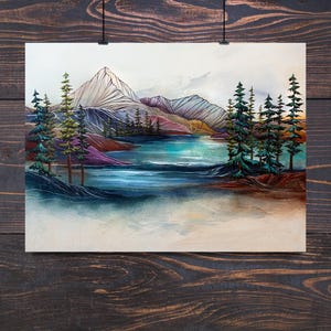 8x10 Rainbow Hills Alaskan wall art decor Birch tree pastel sky alaska paper birch alaska lake river mountains colorful artwork