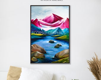River Rocks Canvas Metal print Wall alaska poppies print home decor landscape colorful art acrylic painting corso graphics mountain art