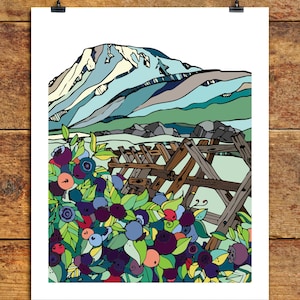 FlatTop Art Print Alaska art mountain art print berries nature art prints, 16x20, 11x14, alaskan artwork blueberries wall art annie brace