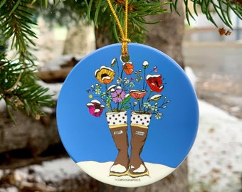 Holiday ornaments xtratuf with bouquet  Christmas tree decorations alaska alaskan art poppy poppies flowers rubber boots