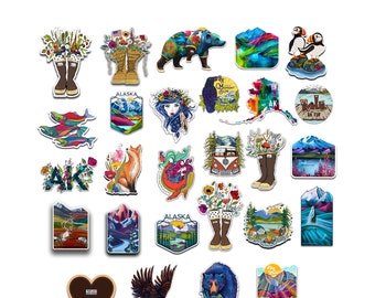 PICK YOUR PACK of 5 Stickers Alaska nature stickers decal for water bottle or computer explore gift ideas mountain mermaid camper camping ak