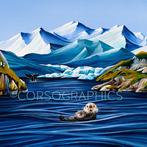 OtterBay Glacier Art print Wall alaska ocean sea scene 11x14 print home decor landscape colorful art acrylic painting corso graphics