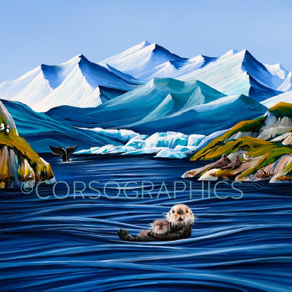 OtterBay Glacier Art print Wall alaska ocean sea scene 11x14 print home decor landscape colorful art acrylic painting corso graphics