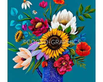 Vintage Floral Art  decor sunflower poppies  blue  tree art wall decor art print night colorful artwork gift baby shower office art