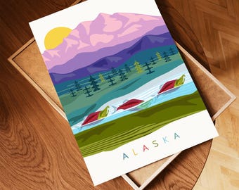 Salmon Stream Art Print, Alaskan Mountain Scene (8x10 Paper)