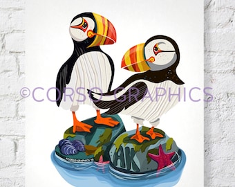 May include: Two colorful cartoon puffins stand on rocks in the ocean. The puffins have orange, yellow, and black beaks and white and black bodies. The rocks are green and brown with seaweed and a starfish. The text "AK" is on one of the rocks.