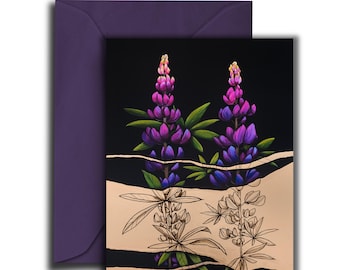 5 pack of greeting cards with Lupine Reveal design A2 greeting cards Annie Brace Corso Graphics with envelopes Blank Inside