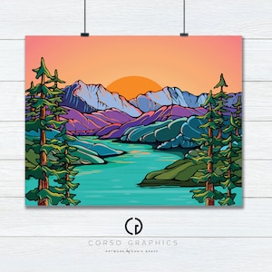 8x10 Art Print on Peach Sunset mountain peak Alaska illustration Art alaskan artist alaska Colorful artwork nature scene