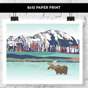 8x10 Art Print on Paper Denali moose Wall Art Alaska Mountain Art alaskan artist alaska Colorful artwork nature scene